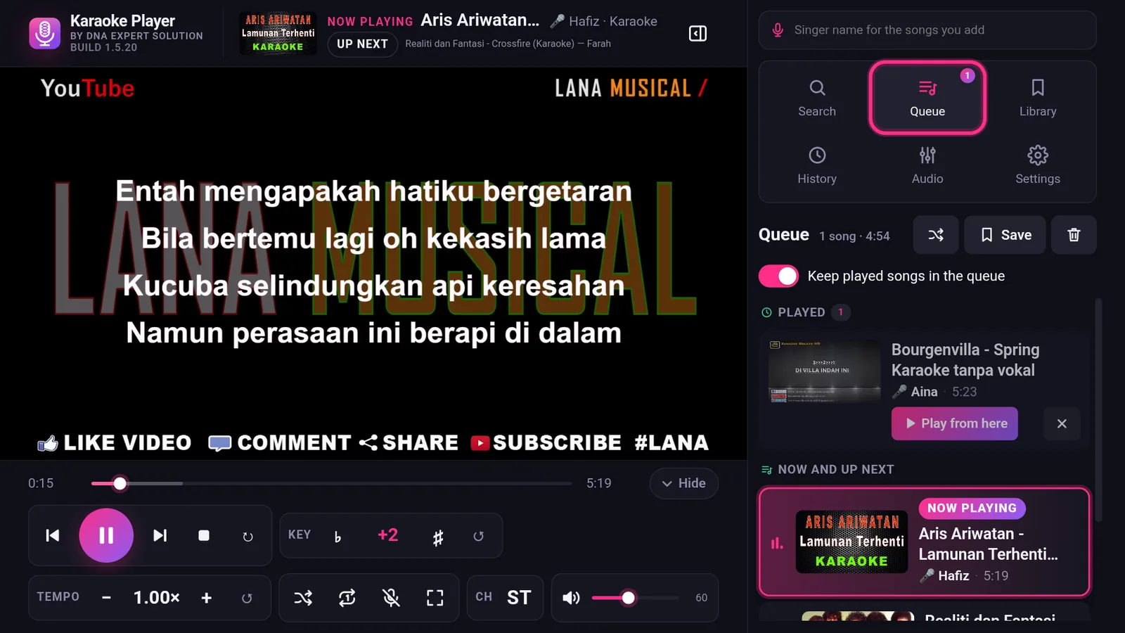 Queue with played songs and the song now playing highlighted